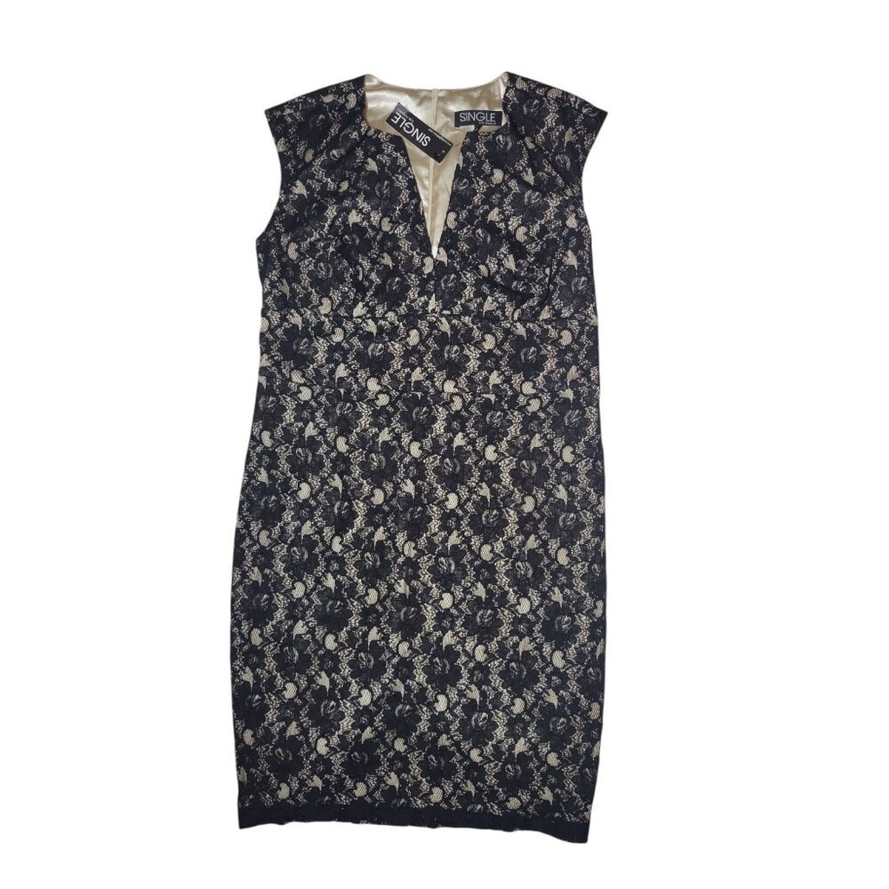 Black Lace Cap-Sleeve V-Neck Midi‎ Sheath Dress 1X Single Los Angeles NWT